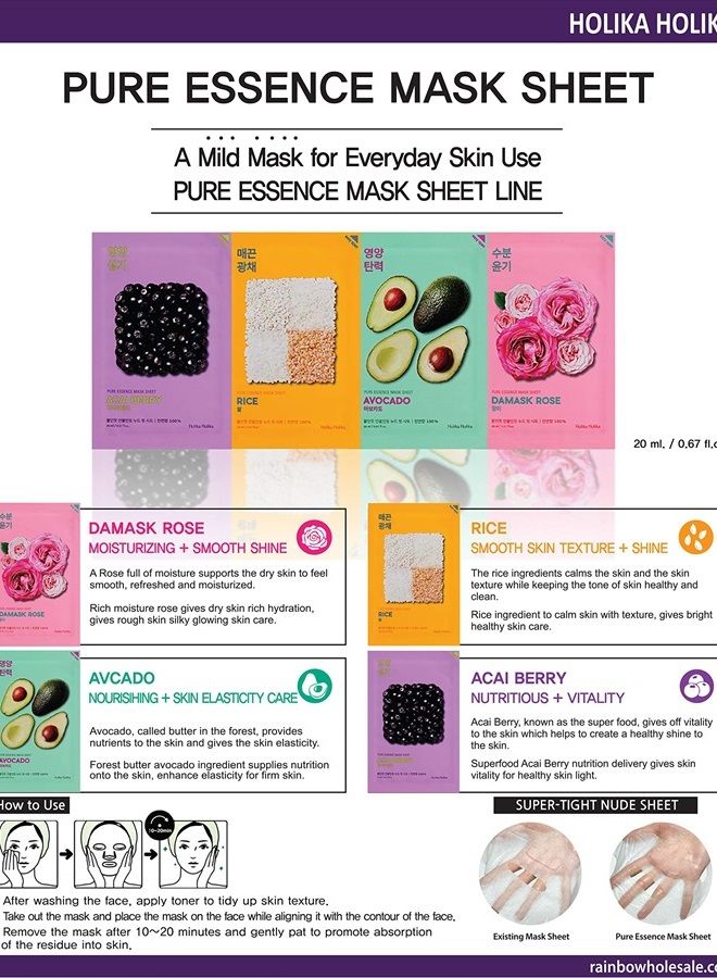 [Holika Holika] Pure Essence Mask Sheet 20ml Pack of 10, 100% Natural Tencel Sheet, Easy to Open