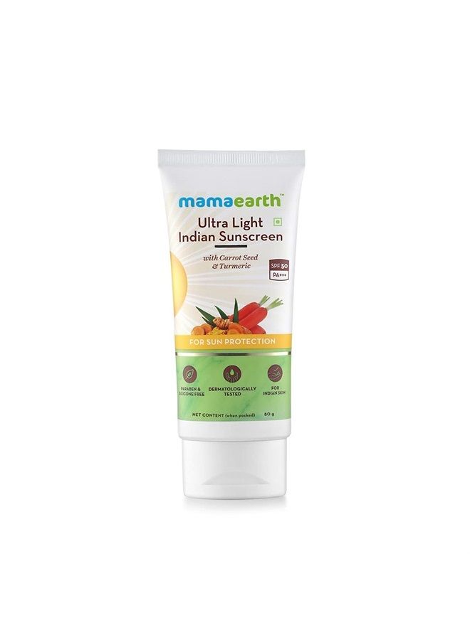 Mamaearth's Ultra Light Natural Sunscreen Lotion SPF 50 PA+++ With Turmeric & Carrot Seed, 80ml