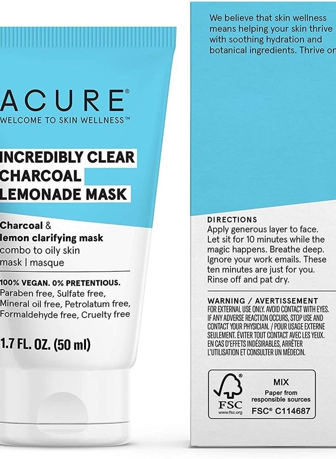 Incredibly Clear Charcoal Lemonade Mask | For Oily to Normal & Acne Prone Skin | Charcoal, Lemon & Clay - Draws Out Impurities | 1.7 Fl Oz