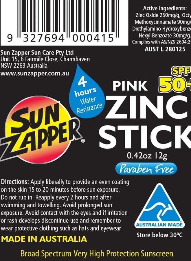 Zinc Oxide Sunscreen Stick Mineral Pink SPF 50+ Water Resistant for Face & Body, Adults, Kids (0.42 Oz, 12g) Broad Spectrum Sun Block, Made in Australia