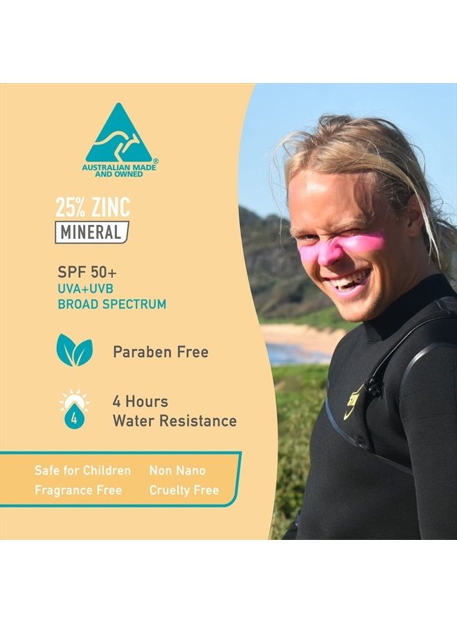 Zinc Oxide Sunscreen Stick Mineral Pink SPF 50+ Water Resistant for Face & Body, Adults, Kids (0.42 Oz, 12g) Broad Spectrum Sun Block, Made in Australia