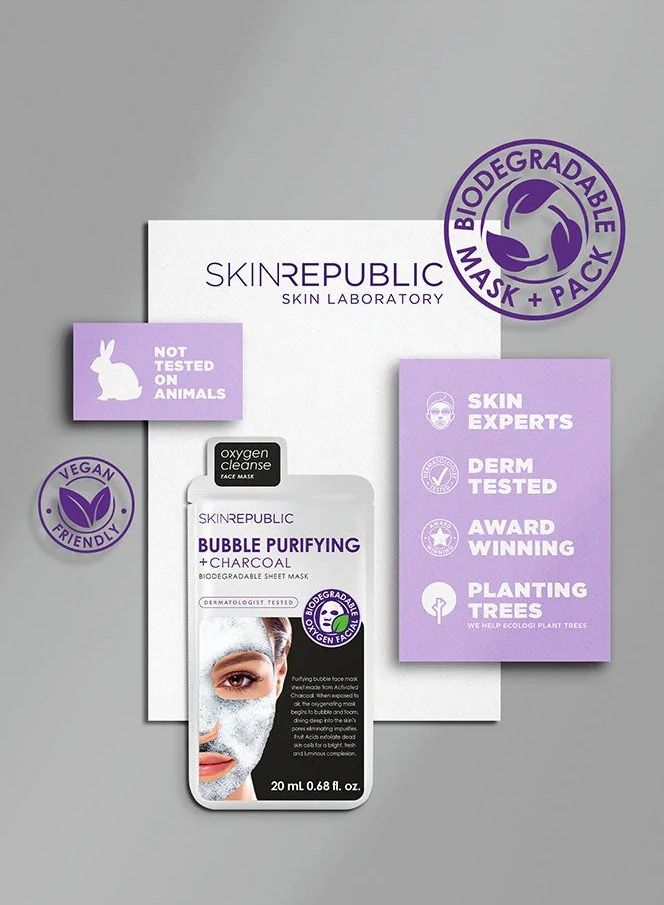 Face Mask Sheet (3 Masks) – Bubble Purifying Serum with Charcoal, Apple & Tea Tree, Fights Pimples, Minimizes Pores, Removes Blackheads, Controls Oil, Exfoliates & Brightens Skin