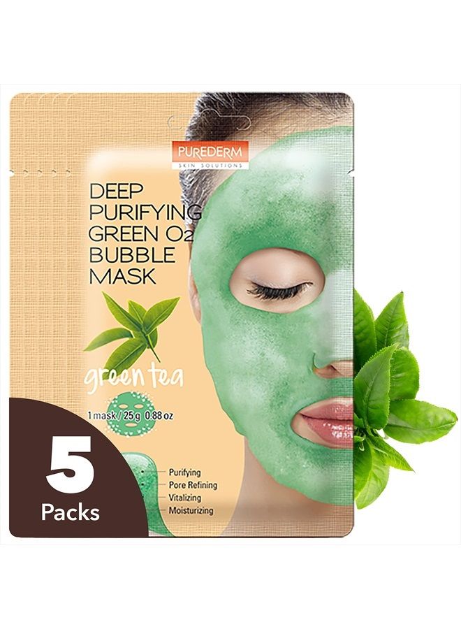 Green Tea Facial Mask Skin Care (5 Pack) - Bubble Face Sheet Mask for Moisturizing and Hydrating - Rich Collagen and Botanical Extracts Soothe and Illuminate Your Skin - Korean Beauty Skin Ma