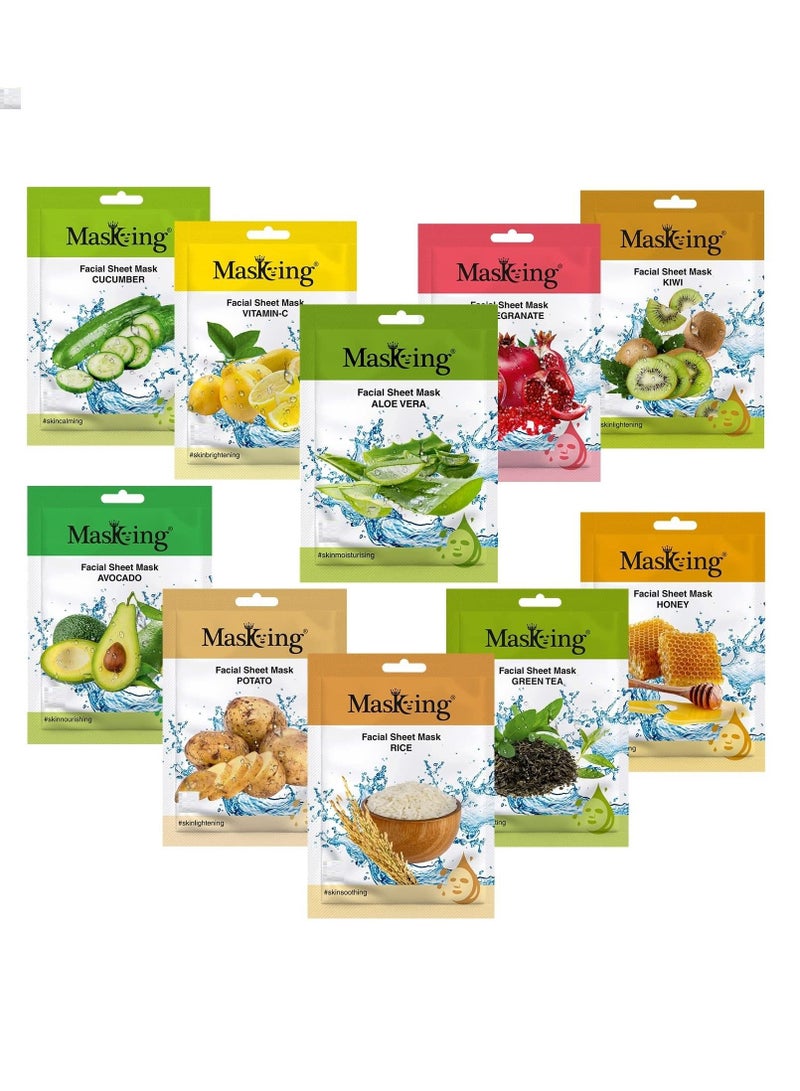 Masking Beauty Facial Sheet Mask | Natural Sheet Mask |Face sheet Mask for Women Men Combo Pack of 10