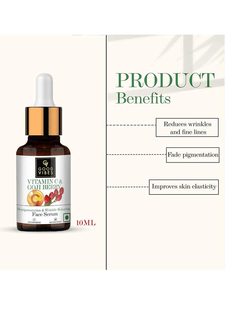 Good Vibes Vitamin C & Goji Berry Depigmentation & Wrinkle Balancing Face Serum, 10 ml Light Weight Formula With Anti Ageing Properties For All Skin Types, No Parabens, No Animal Testing