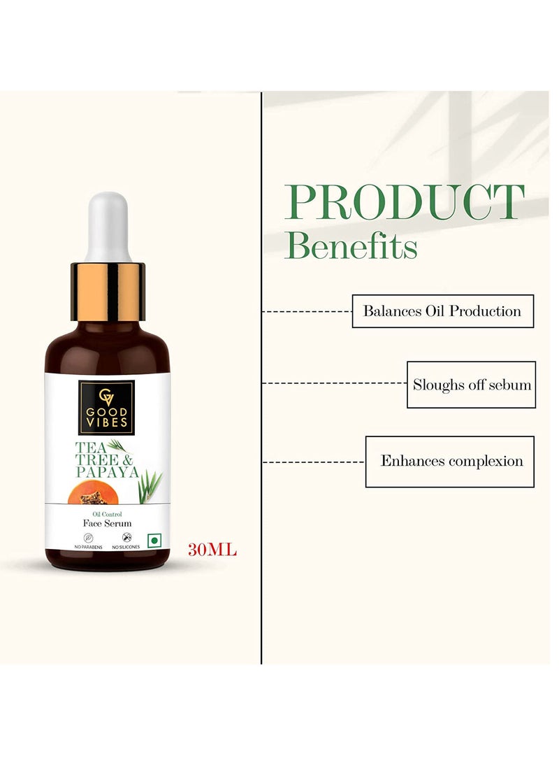 Good Vibes Tea Tree & Papaya Oil Control Face Serum, 30 ml Light Weight Absorbs Quickly Clarifying Formula For Oily Skin Type, Helps Reduce Acne & Blemishes Naturally, No Parabens, No Animal Testing