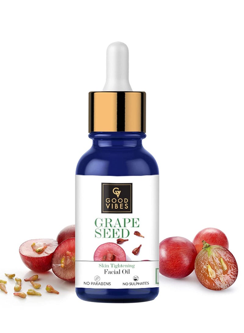 Good Vibes Grape Seed Skin Tightening Facial Oil, 10 ml | Lightweight Hydrating Glowing Anti-Ageing Formula For All Skin Types | Helps Reduce Blemishes & Fine Lines | No Parabens & Sulphates