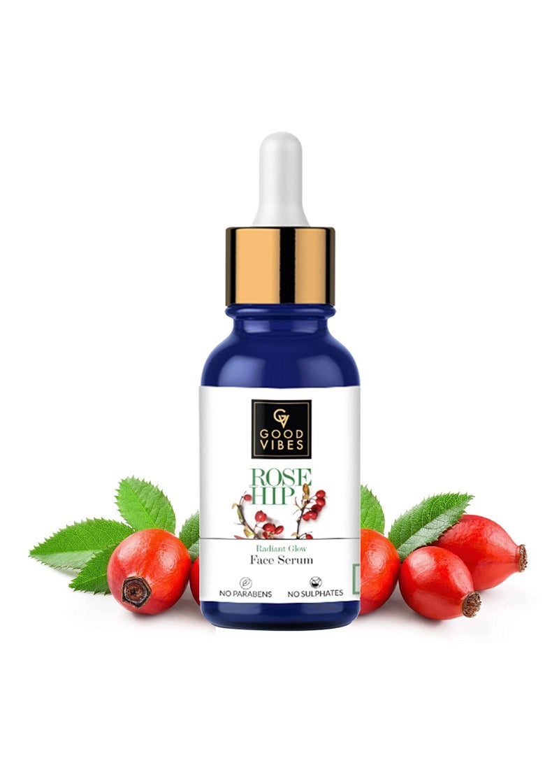 Good Vibes Rose Hip Radiant Glow Face Serum 10 ml Light Weight Non Greasy Moisturizing Anti Ageing Formula For All Skin Types Corrects Dark Spots Natural No Parabens & Sulphates No Animal Testing