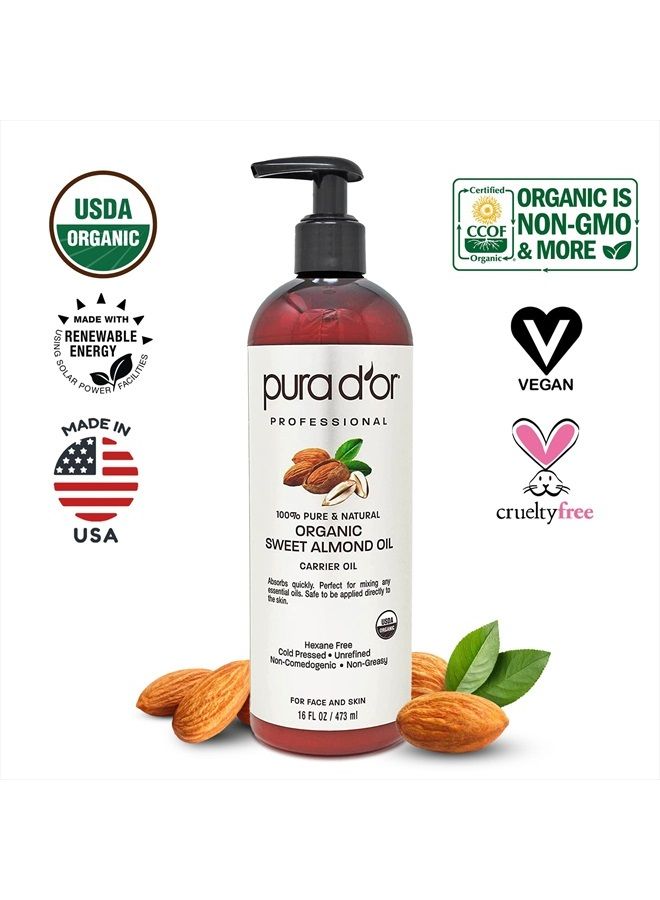 Organic Sweet Almond Oil (16oz) USDA Certified 100% Pure & Natural Carrier Oil - Hexane Free - Skin & Face - Facial Polish, Full Body, Massages, DIY Base (Packaging may vary)