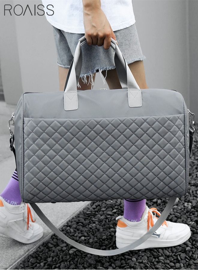 Quilted Travel Duffel Bag Large Capacity Lightweight Waterproof Oxford Fabric Multipurpose Shoulder Luggage Bag for Fitness Sports Training Trip for Unisex Grey