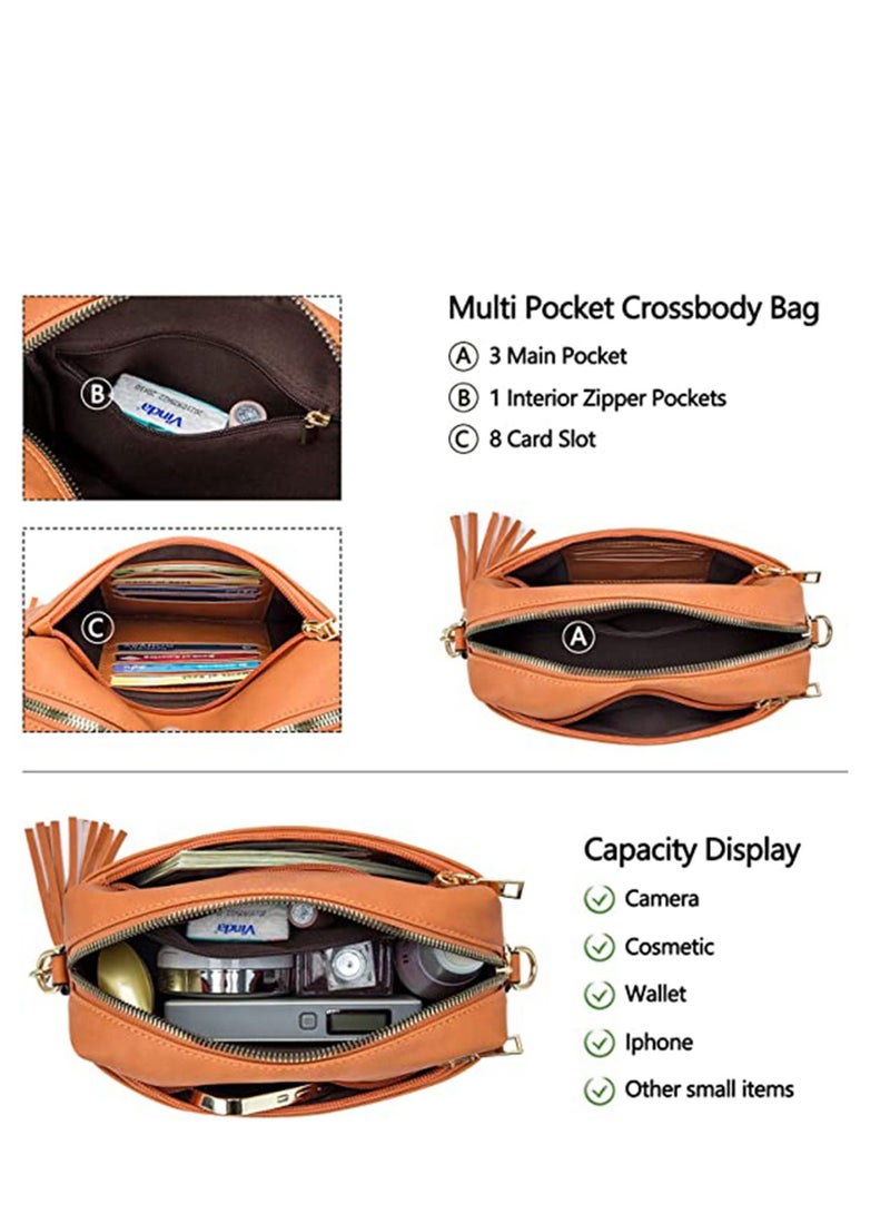 Vegan Leather Crossbody Bags For Women, Girls Triple Zip Small Bag with Wide Strap, Shoulder Handbags, Satchel Purse with Adjustable Strap, Trendy Fashion Shoulder Bag for Ladies (Yellow Brown)
