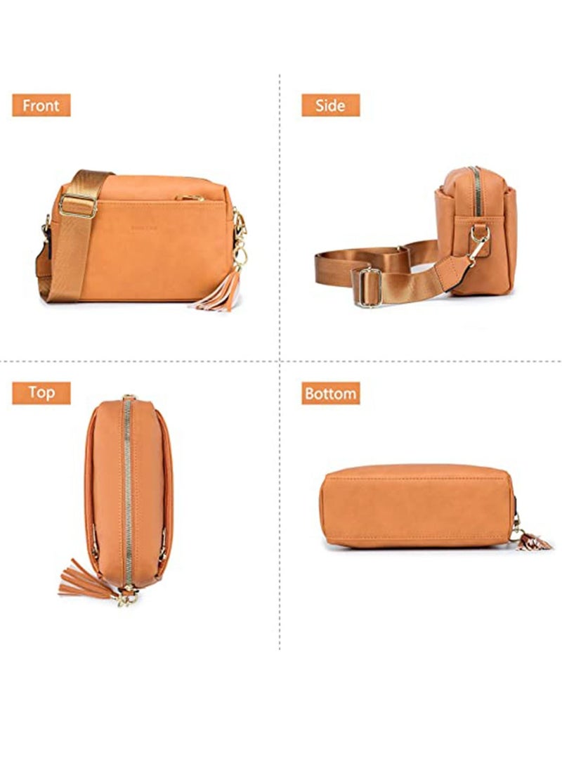 Vegan Leather Crossbody Bags For Women, Girls Triple Zip Small Bag with Wide Strap, Shoulder Handbags, Satchel Purse with Adjustable Strap, Trendy Fashion Shoulder Bag for Ladies (Yellow Brown)