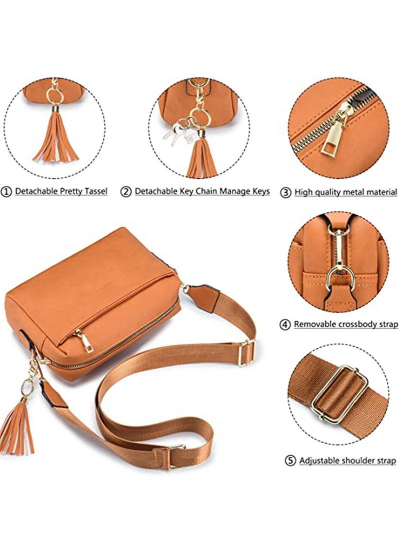 Vegan Leather Crossbody Bags For Women, Girls Triple Zip Small Bag with Wide Strap, Shoulder Handbags, Satchel Purse with Adjustable Strap, Trendy Fashion Shoulder Bag for Ladies (Yellow Brown)