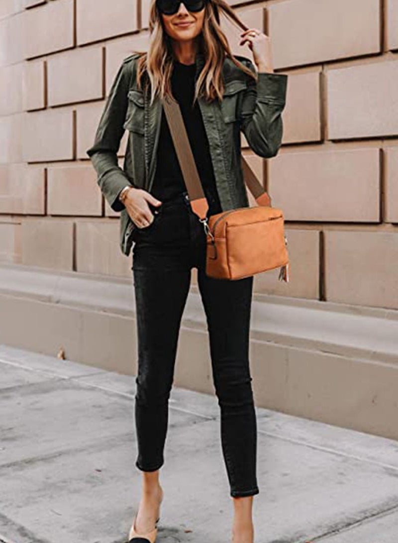 Vegan Leather Crossbody Bags For Women, Girls Triple Zip Small Bag with Wide Strap, Shoulder Handbags, Satchel Purse with Adjustable Strap, Trendy Fashion Shoulder Bag for Ladies (Yellow Brown)