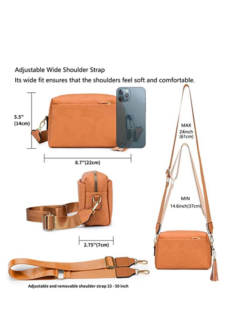 Vegan Leather Crossbody Bags For Women, Girls Triple Zip Small Bag with Wide Strap, Shoulder Handbags, Satchel Purse with Adjustable Strap, Trendy Fashion Shoulder Bag for Ladies (Yellow Brown)