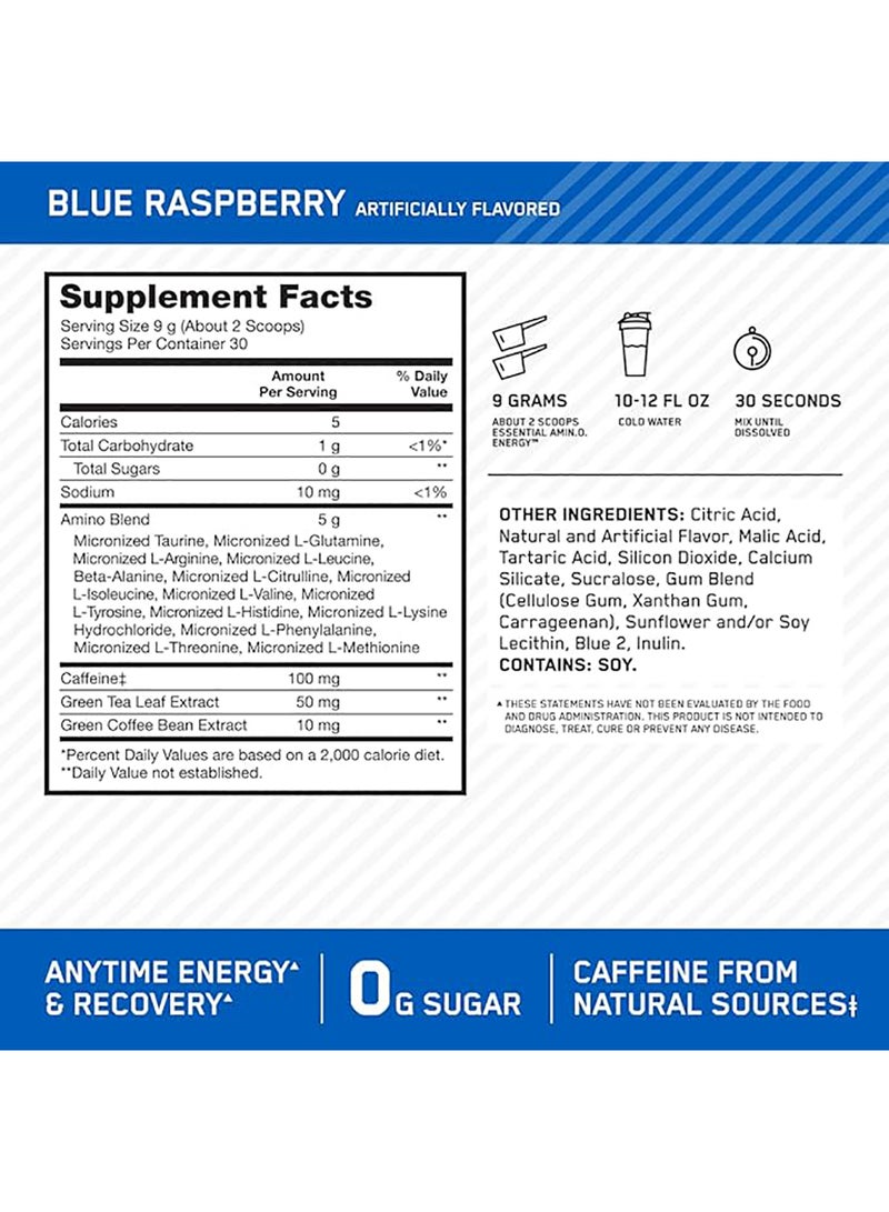 Amino Energy - Pre Workout With Green Tea, Bcaa, Amino Acids, Keto Friendly, Green Coffee Extract, 0 Grams of Sugar, Anytime Energy Powder - Blue Raspberry, 270 G , 30 Servings