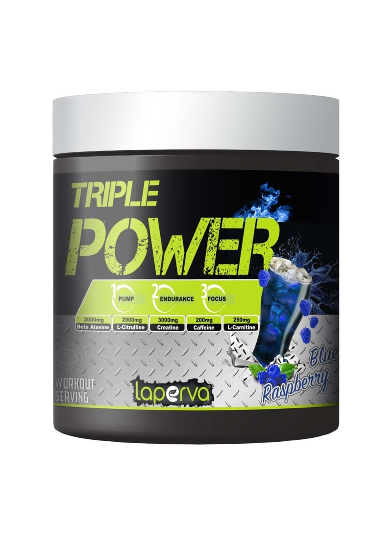 Triple Power Pre-Workout Supplement Blue Raspberry Flavor 30 Servings