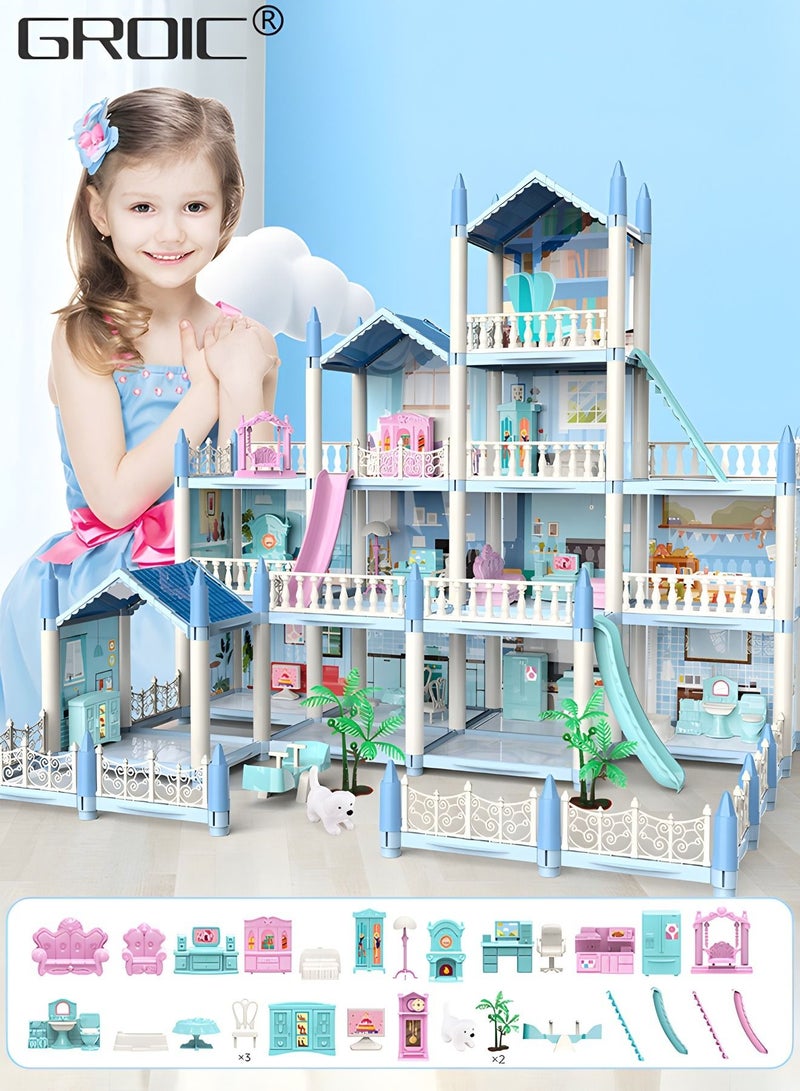 Dollhouse Dreamhouse Building Toys Figure Furniture, DIY House, Accessories, Pets,Movable Slides,Blue Play Dream House for Girls