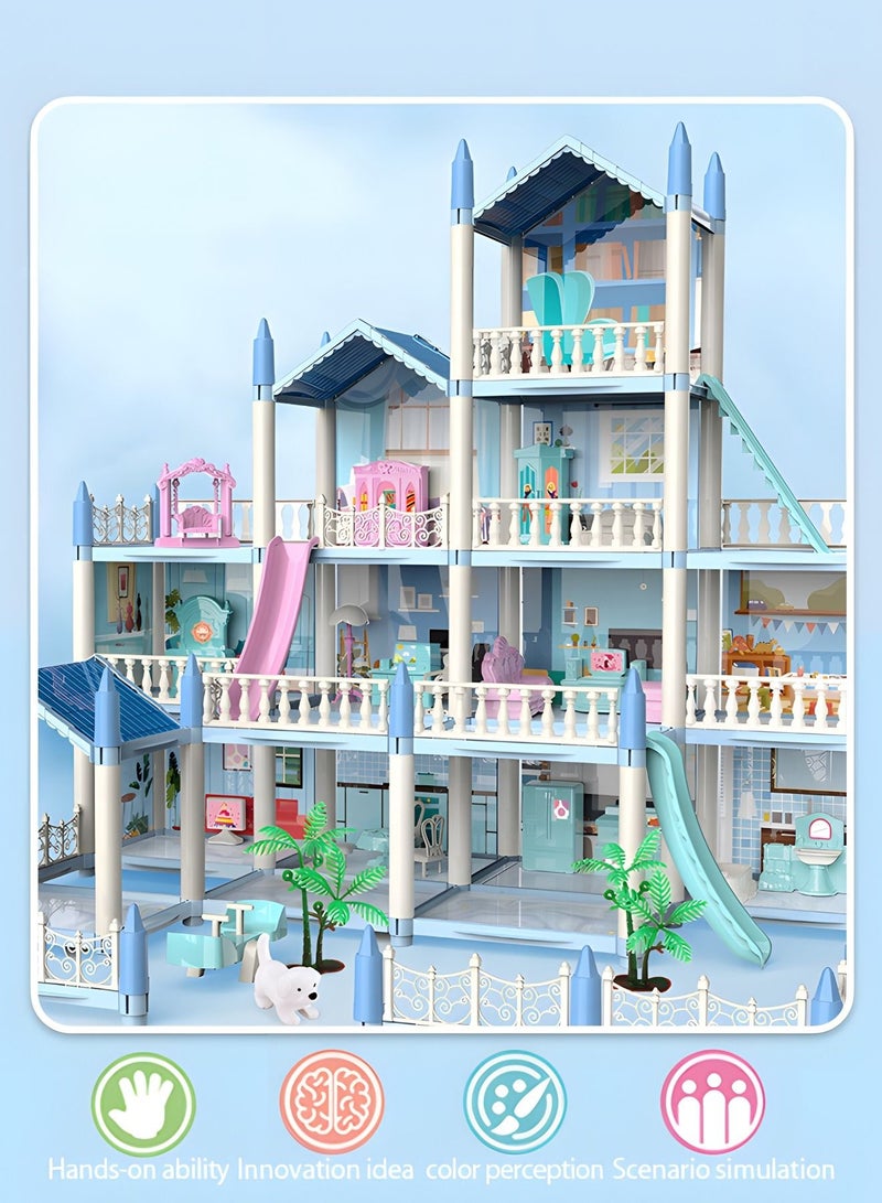 Dollhouse Dreamhouse Building Toys Figure Furniture, DIY House, Accessories, Pets,Movable Slides,Blue Play Dream House for Girls