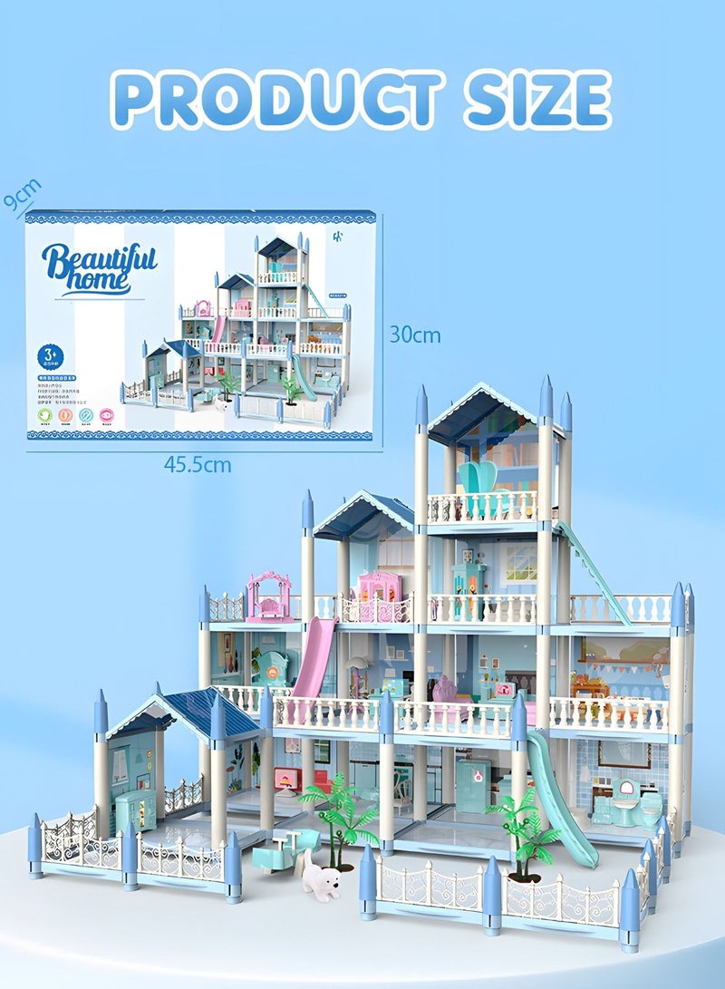 Dollhouse Dreamhouse Building Toys Figure Furniture, DIY House, Accessories, Pets,Movable Slides,Blue Play Dream House for Girls