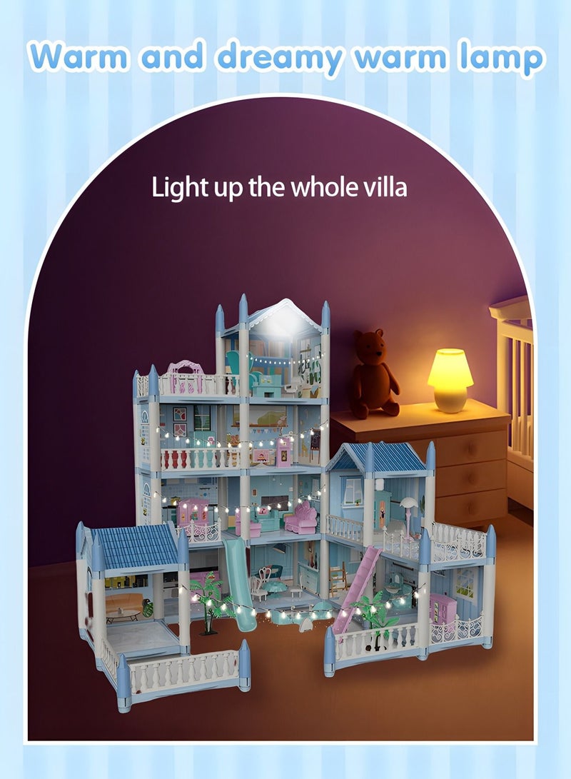 Dollhouse Dreamhouse Building Toys Figure Furniture, DIY House, Accessories, Pets,Movable Slides,Blue Play Dream House for Girls