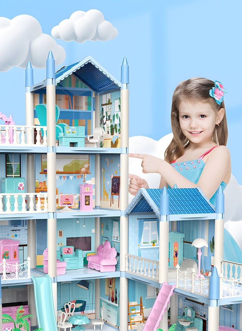 Dollhouse Dreamhouse Building Toys Figure Furniture, DIY House, Accessories, Pets,Movable Slides,Blue Play Dream House for Girls