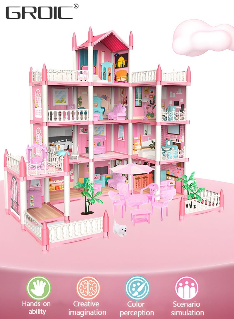 Dollhouse Dreamhouse Building Toys Figure Furniture, DIY House, Accessories, Pets & Dolls,Flashing Lights,Pink Play Dream House for Girls