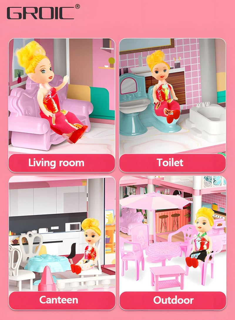 Dollhouse Dreamhouse Building Toys Figure Furniture, DIY House, Accessories, Pets & Dolls,Flashing Lights,Pink Play Dream House for Girls