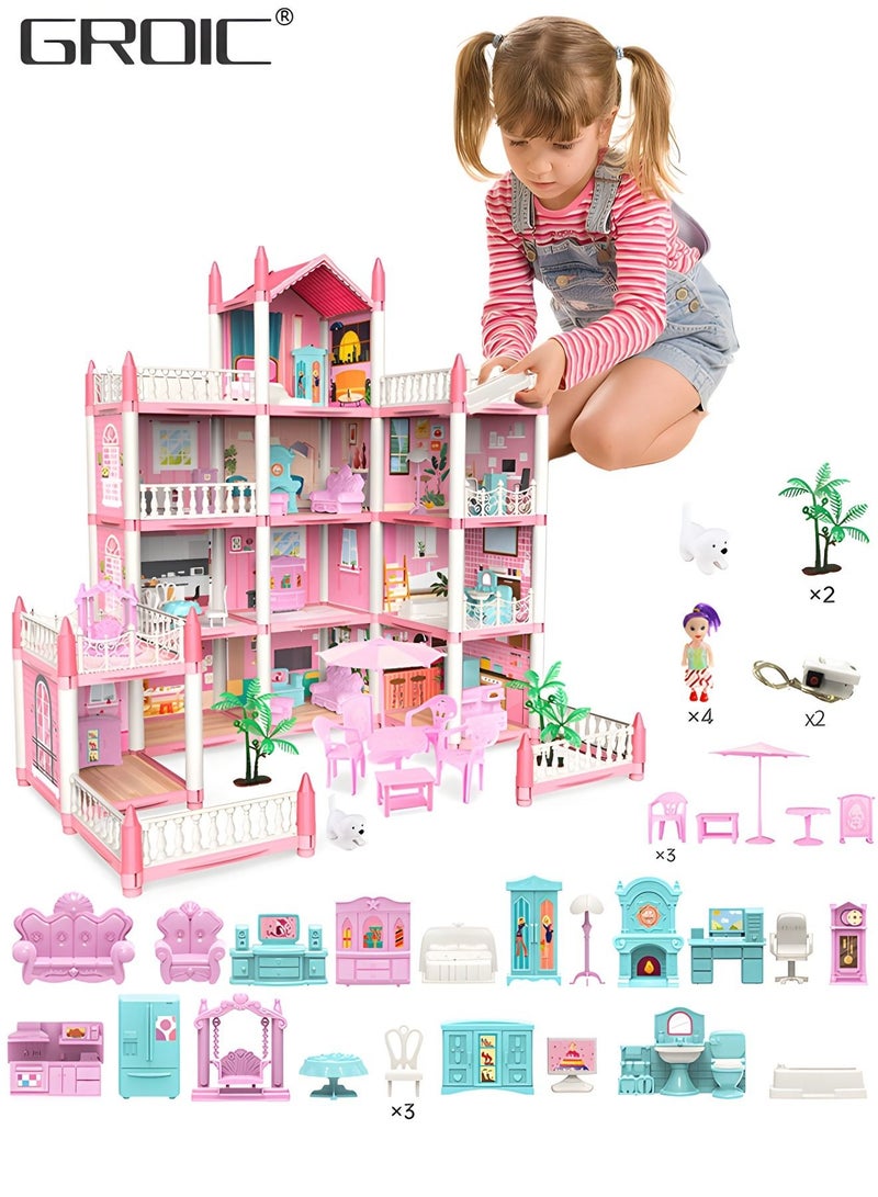 Dollhouse Dreamhouse Building Toys Figure Furniture, DIY House, Accessories, Pets & Dolls,Flashing Lights,Pink Play Dream House for Girls