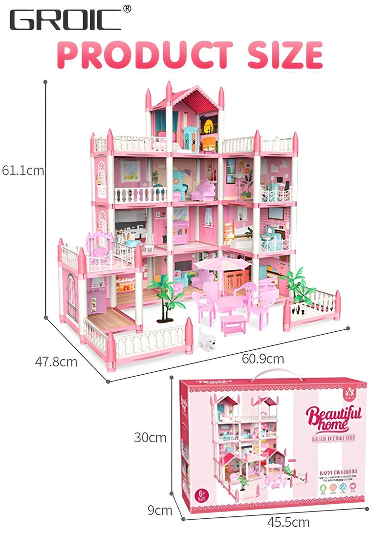 Dollhouse Dreamhouse Building Toys Figure Furniture, DIY House, Accessories, Pets & Dolls,Flashing Lights,Pink Play Dream House for Girls