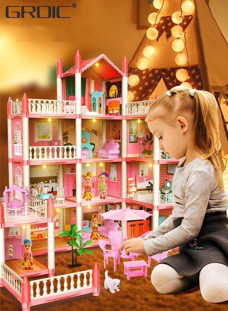 Dollhouse Dreamhouse Building Toys Figure Furniture, DIY House, Accessories, Pets & Dolls,Flashing Lights,Pink Play Dream House for Girls