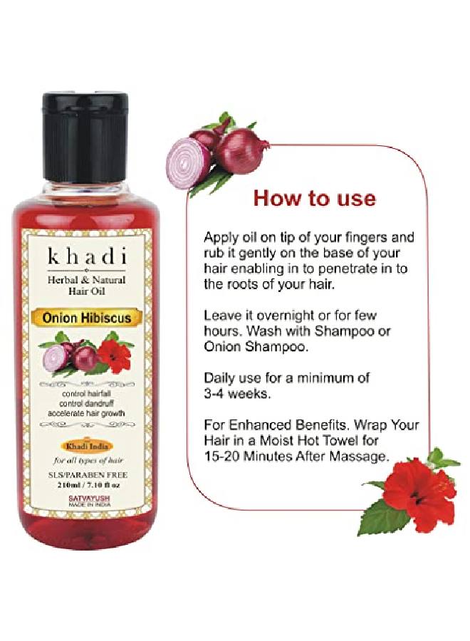 Khadi Onion Hibiscus Hair Oil | Hair Growth | Hairfall Control | Ayurvedic | l & Herbal | 4X More Effective | For All Hair Types (Male & Female) 210 ml