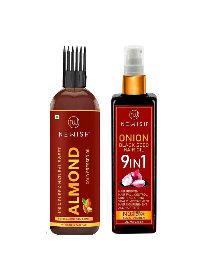 Pure Cold Pressed Sweet Almond Oil For Growth And Organico Onion Hair Oil For Hair Growth Anti Dandruff & Red Oninin ; Hair Regrownz Black Seed Oil For Women 200Ml Each