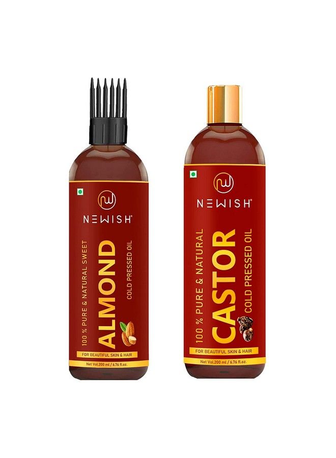 Pure Cold Pressed Sweet Almond Oil For Growth And Glowing Skin & Face And Premium Castor Oil For Hair Growth Skin And Eyebrow ; Natural ; Organico ; Skin Oil 200Ml Each