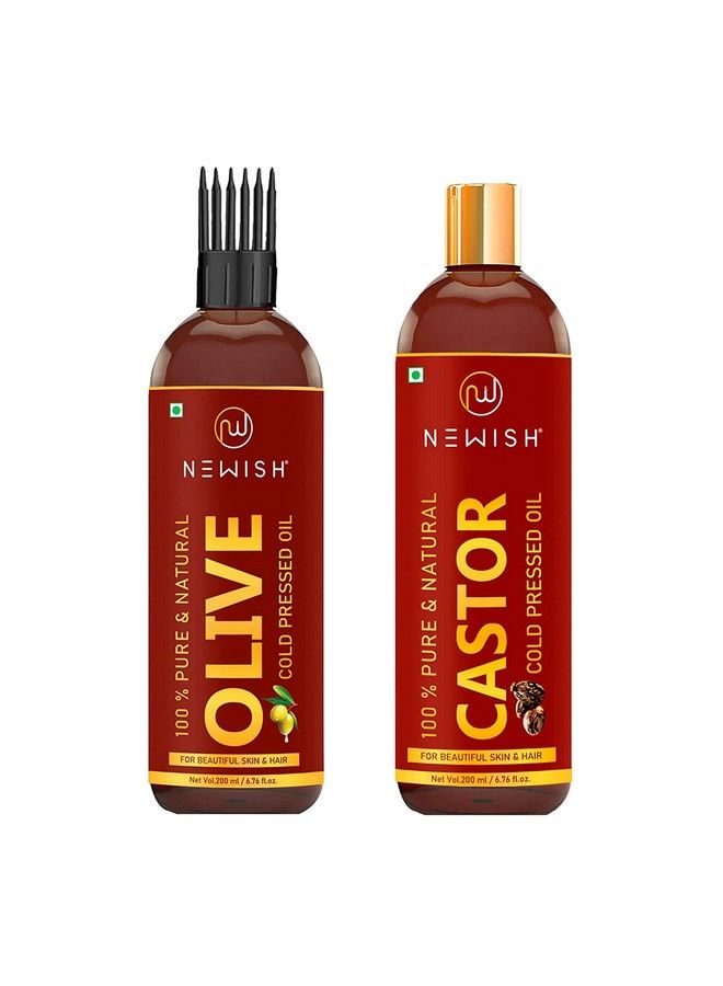 Pure Cold Pressed Olive Oil For Hair And Skin & Premium Castor Oil For Hair Growth Skin And Eyebrow ; Natural ; Organico ; Skin Oil 200Ml Each