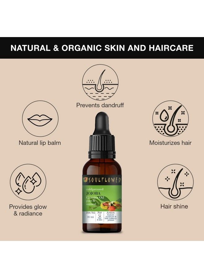 Jojoba Oil For Hair Growth Moisturizing Skin & Makeup Primer With Jojoba Seeds; 100% Pure Organic Natural & Coldpresse Ecocert Cosmos Organic Certified 30Ml