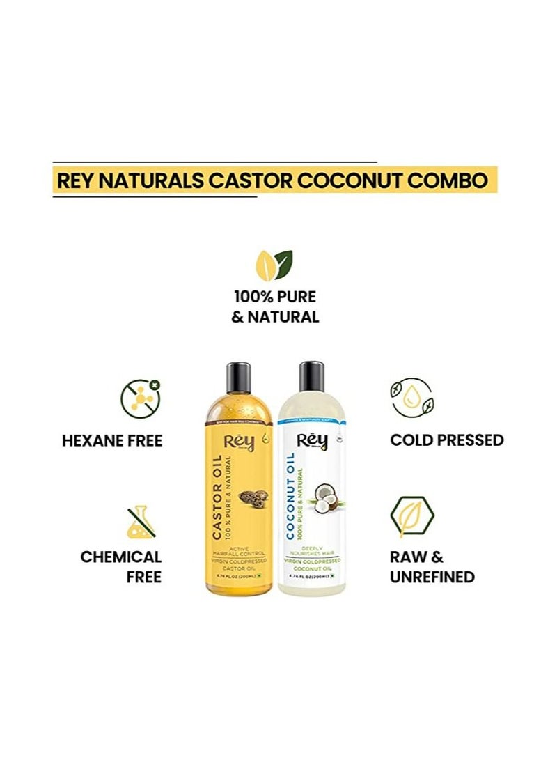 Rey Naturals Cold-Pressed, Pure Castor Oil & Coconut Oil Combo - Moisturizing & Healing, For Skin, Hair Care, Eyelashes (200 ml + 200 ml)