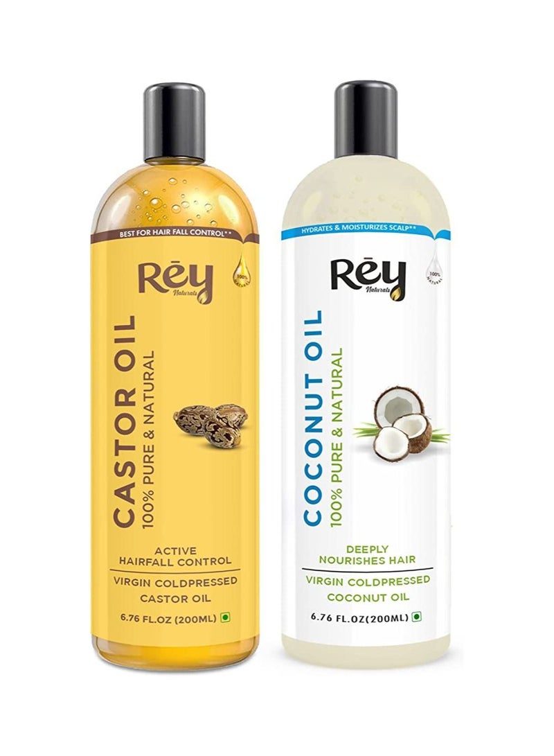 Rey Naturals Cold-Pressed, Pure Castor Oil & Coconut Oil Combo - Moisturizing & Healing, For Skin, Hair Care, Eyelashes (200 ml + 200 ml)