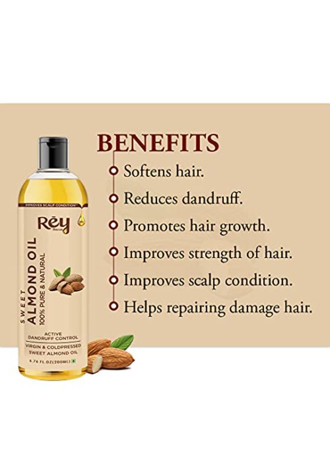 100% Pure & Natural Sweet Almond Oil - Virgin & Cold Pressed - For Hair & Skin - 200 Ml