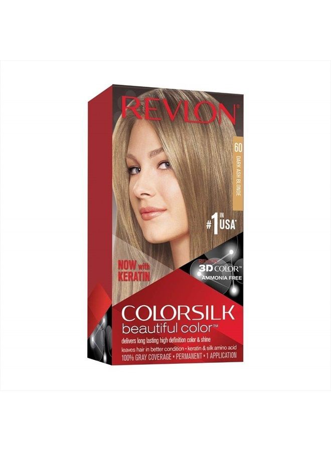 Permanent Hair Color by Revlon, Permanent Hair Dye, Colorsilk with 100% Gray Coverage, Ammonia-Free, Keratin and Amino Acids, 60 Dark Ash Blonde, 4.4 Oz (Pack of 1)