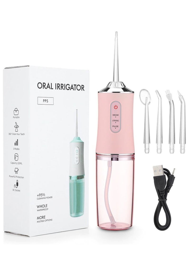 Oral Irrigator Portable Dental Water Flosser USB Rechargeable Floss Tooth Pick 4 Jet Tip 220 ML PINK