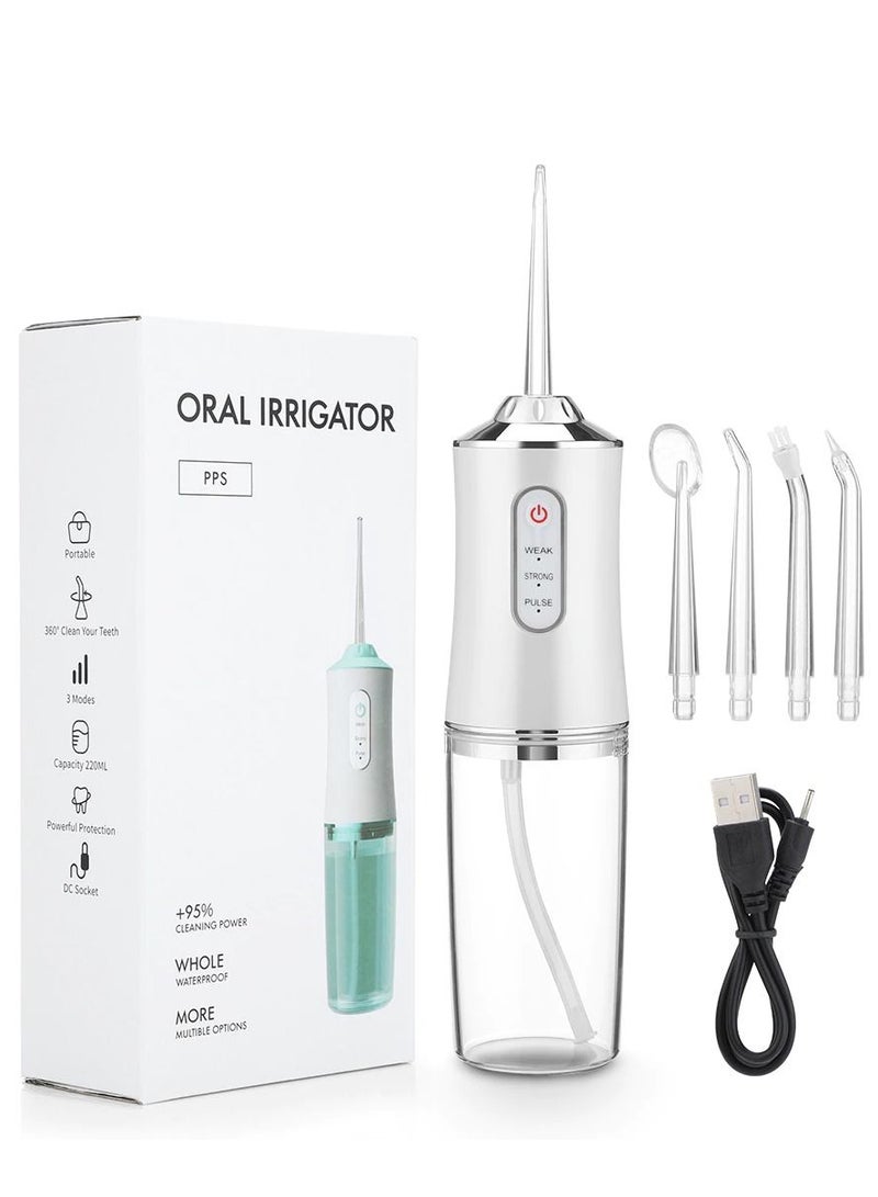 Oral Irrigator Portable Dental Water Flosser USB Rechargeable Floss Tooth Pick 4 Jet Tip 220 ML White