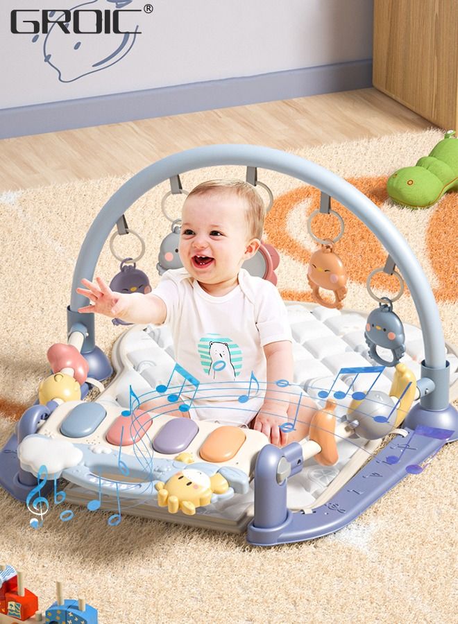 Baby Gym Activity Play Mat with Sounds,Lights and Music, Funny Play Piano Tummy Time Baby Activity Gym Mat with 5 Infant Learning Sensory Baby Toys, Early Development Playmat Toy