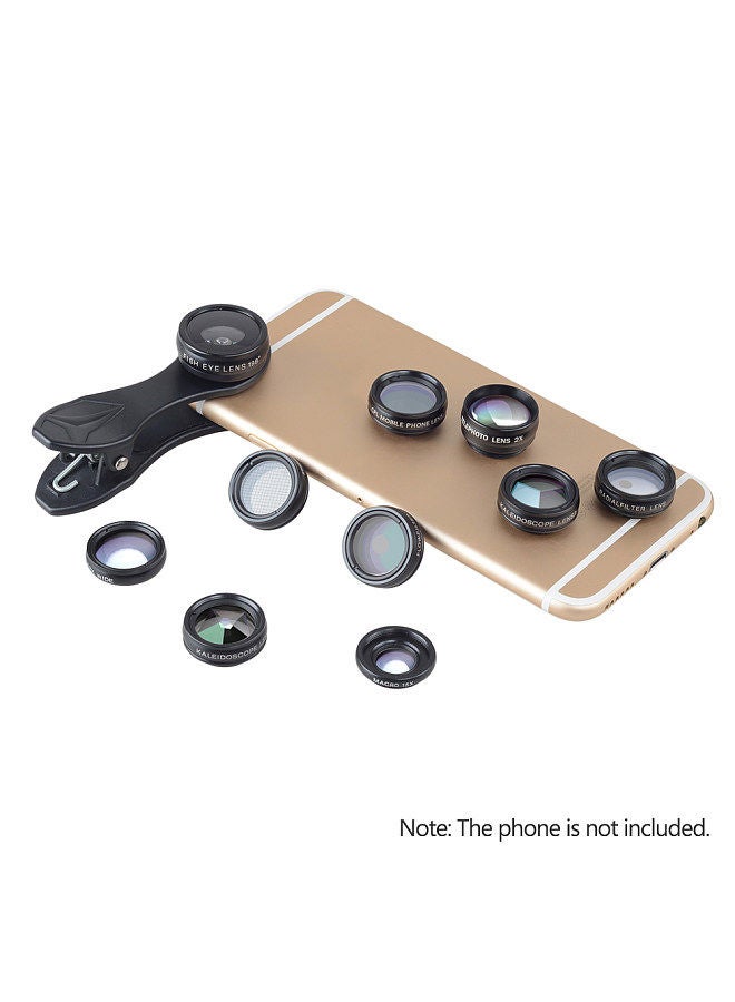 10 in 1 Phone Camera Lens Kit with 0.63X Wide Angle + 15X Macro + 198°Fisheye + 2X Telephoto + CPL + Star Filter + Radial Filter + Flow Filter + Kaleidoscope 3 + Kaleidoscope 6 Compatible