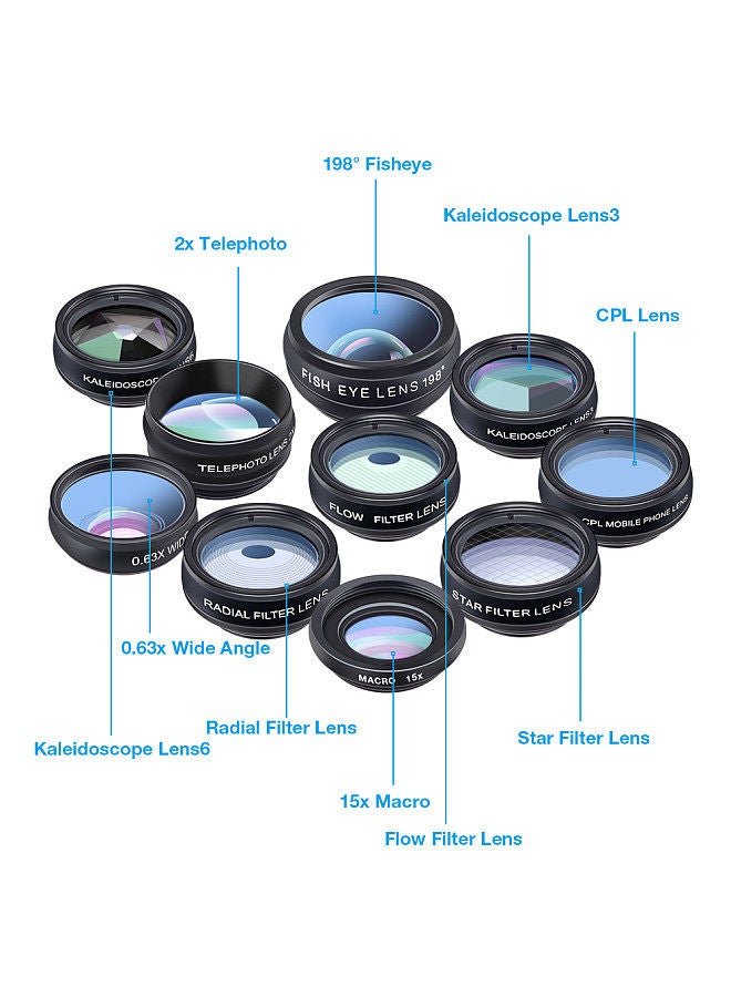 10 in 1 Phone Camera Lens Kit with 0.63X Wide Angle + 15X Macro + 198°Fisheye + 2X Telephoto + CPL + Star Filter + Radial Filter + Flow Filter + Kaleidoscope 3 + Kaleidoscope 6 Compatible