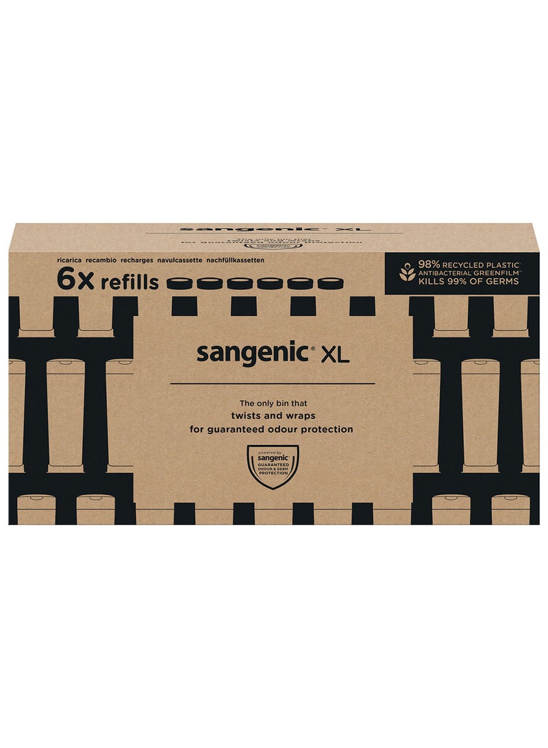 Pack Of 6 Twist And Click Sangenic XL Nappy Bin Refill Cassettes, Sustainably Sourced Antibacterial Greenflim, Grey