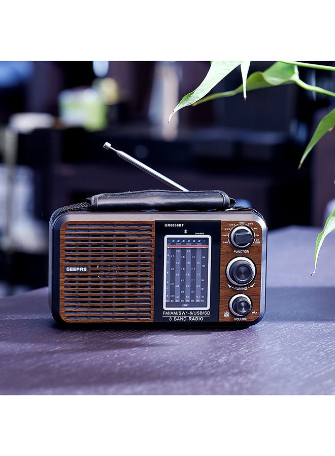 Rechargeable FM Radio, Large Capacity Battery, Perfectly Portable, Lightweight, Retro Style FM Radio, Strong And Stylish, Perfect Sound Quality, Multi Band GR6836BT Brown/Black