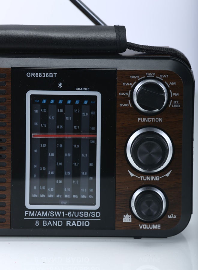 Rechargeable FM Radio, Large Capacity Battery, Perfectly Portable, Lightweight, Retro Style FM Radio, Strong And Stylish, Perfect Sound Quality, Multi Band GR6836BT Brown/Black