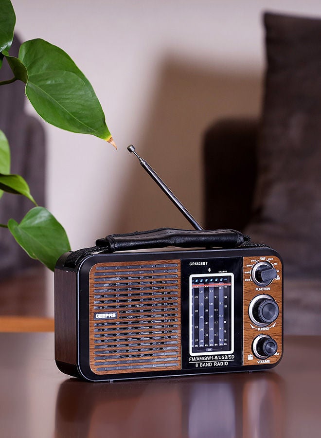 Rechargeable FM Radio, Large Capacity Battery, Perfectly Portable, Lightweight, Retro Style FM Radio, Strong And Stylish, Perfect Sound Quality, Multi Band GR6836BT Brown/Black