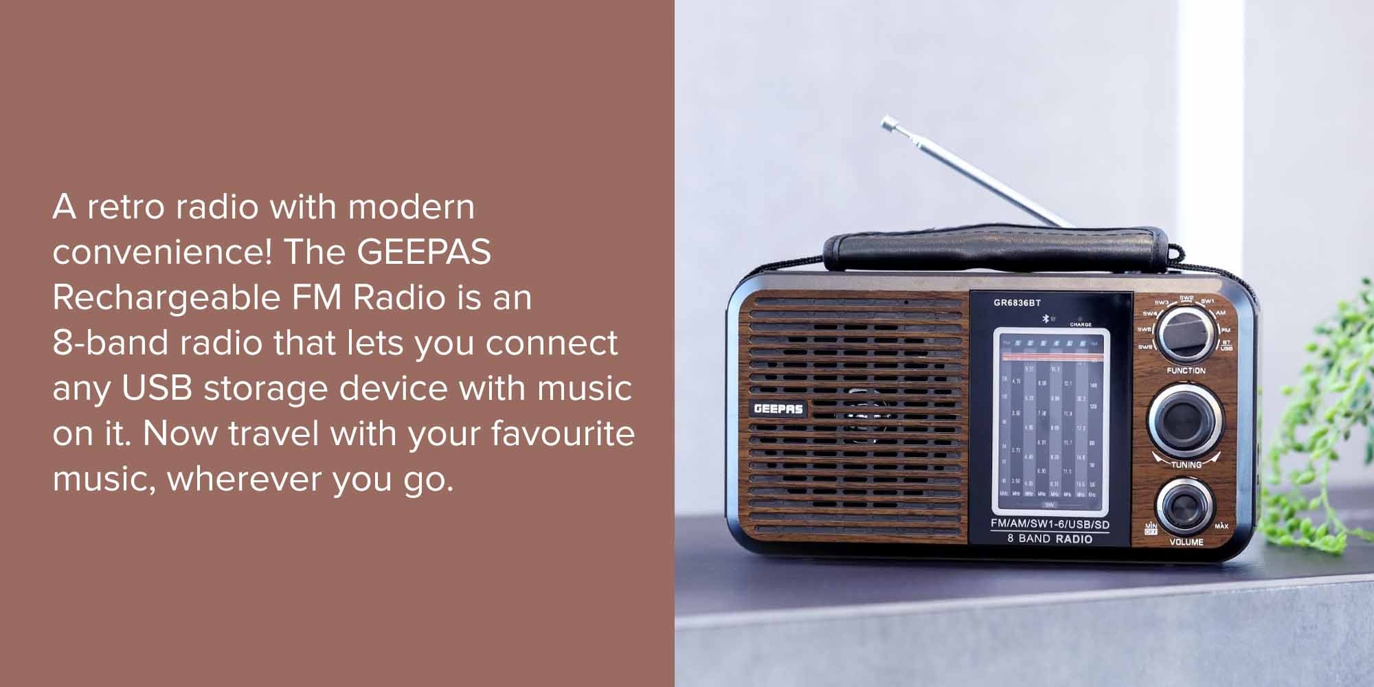 Rechargeable FM Radio, Large Capacity Battery, Perfectly Portable, Lightweight, Retro Style FM Radio, Strong And Stylish, Perfect Sound Quality, Multi Band GR6836BT Brown/Black